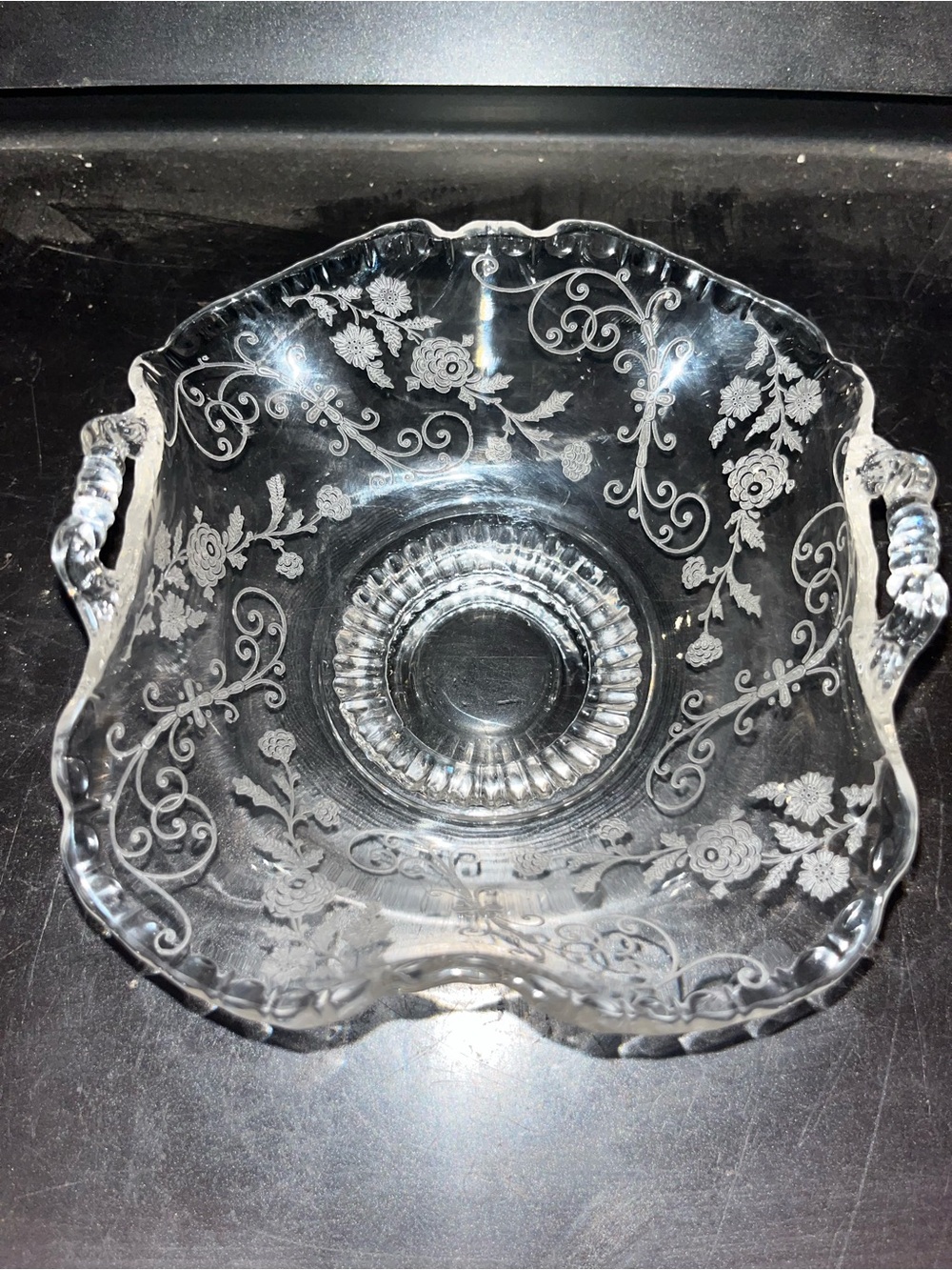 Cambridge “Elaine” Etched Glass Footed Two Handle Basket Candy Dish 6.5" Bowl